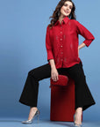 Red Embellished Spread Collar Casual Buttoned Top