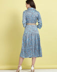Blue Floral Printed Shirt Collar Belted A-Line Midi Dress