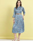Blue Floral Printed Shirt Collar Belted A-Line Midi Dress