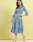 Blue Floral Printed Shirt Collar Belted A-Line Midi Dress