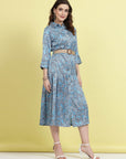 Blue Floral Printed Shirt Collar Belted A-Line Midi Dress