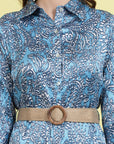 Blue Floral Printed Shirt Collar Belted A-Line Midi Dress