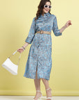 Blue Floral Printed Shirt Collar Belted A-Line Midi Dress