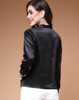 Black Mandarin Collar Cuffed Sleeves Shirt Style Regular Top