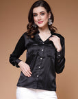 Black Mandarin Collar Cuffed Sleeves Shirt Style Regular Top
