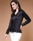 Black Mandarin Collar Cuffed Sleeves Shirt Style Regular Top