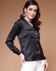 Black Mandarin Collar Cuffed Sleeves Shirt Style Regular Top