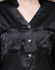 Black Mandarin Collar Cuffed Sleeves Shirt Style Regular Top