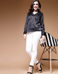 Black Mandarin Collar Cuffed Sleeves Shirt Style Regular Top