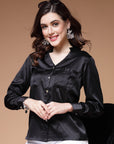 Black Mandarin Collar Cuffed Sleeves Shirt Style Regular Top