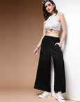 Women Black Mid Rise Plain Parallel Trousers