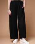 Women Black Mid Rise Plain Parallel Trousers