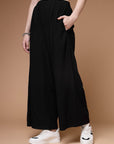 Women Black Mid Rise Plain Parallel Trousers