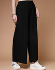 Women Black Mid Rise Plain Parallel Trousers