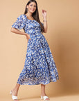 Blue Floral Print Cold-Shoulder Fit Flare Midi Dress