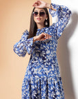 Blue Floral Printed Tie-Up Neck Puff Sleeves Ruffles Flounce Hem Drop-Waist Dress