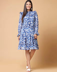Blue Floral Printed Tie-Up Neck Puff Sleeves Ruffles Flounce Hem Drop-Waist Dress