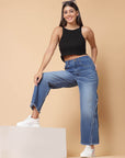 Women Blue Heavy Fade Cotton Denim Jeans