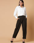 Women Olive Green Solid Pleated Trouser