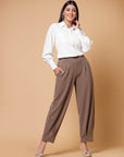 Women Brown Solid Pleated Trouser