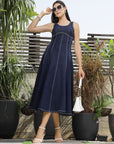 Solid Denim Round Neck Midi Dress blue