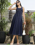 Solid Denim Round Neck Midi Dress blue