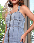 Women Halter Neck A-Line Midi Denim Dress light-blue