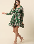 Green Beige Floral Printed Puff Sleeves Gathered A-Line Dress