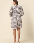White Black Monochrome Geometric Printed Puff Sleeves Gathered Fit Flare Dress