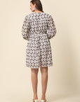 White Black Monochrome Geometric Printed Puff Sleeves Gathered Fit Flare Dress