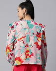 Blue Floral Print Casual Buttoned Top