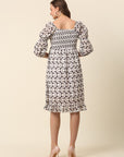 White Black Monochrome Geometric Printed Puff Sleeves Smocked A-Line Dress