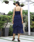 Women Self Design Shoulder Straps Ruffles Peplum Dress navy-blue