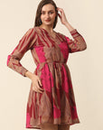 Pink Brown Floral Printed Puff Sleeves Smocked A-Line Dress