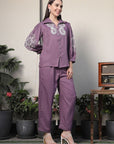 Shirt Collar Embroidered Cotton Shirt With Trousers Co-Ords Set pink