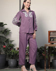 Shirt Collar Embroidered Cotton Shirt With Trousers Co-Ords Set pink