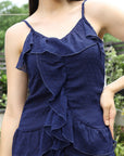 Women Self Design Shoulder Straps Ruffles Peplum Dress navy-blue