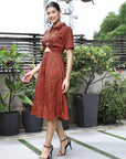 Floral Printed Shirt Collar Short Sleeves Shirt Dress Rust