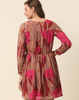 Pink Brown Floral Printed Puff Sleeves Smocked A-Line Dress
