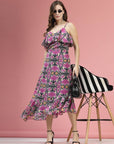Violet Black Floral Printed Shoulder Straps A-Line Midi Dress