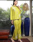 Shirt Collar Embroidered Cotton Shirt With Trousers Co-Ords Set lime-green