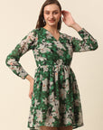 Green Beige Floral Printed Puff Sleeves Gathered A-Line Dress