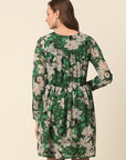 Green Beige Floral Printed Puff Sleeves Gathered A-Line Dress