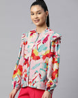 Blue Floral Print Casual Buttoned Top