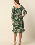 Green Beige Floral Printed Puff Sleeves Smocked A-Line Dress