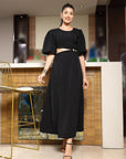 Women Self Design Flared Sleeve Cut-Outs Fit & Flare Midi Dress black