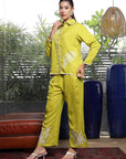 Shirt Collar Embroidered Cotton Shirt With Trousers Co-Ords Set lime-green