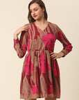 Pink Brown Floral Printed Puff Sleeves Smocked A-Line Dress