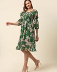 Green Beige Floral Printed Puff Sleeves Smocked A-Line Dress