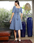 Solid Denim Square Neck Half Short Sleeve Dress light-blue